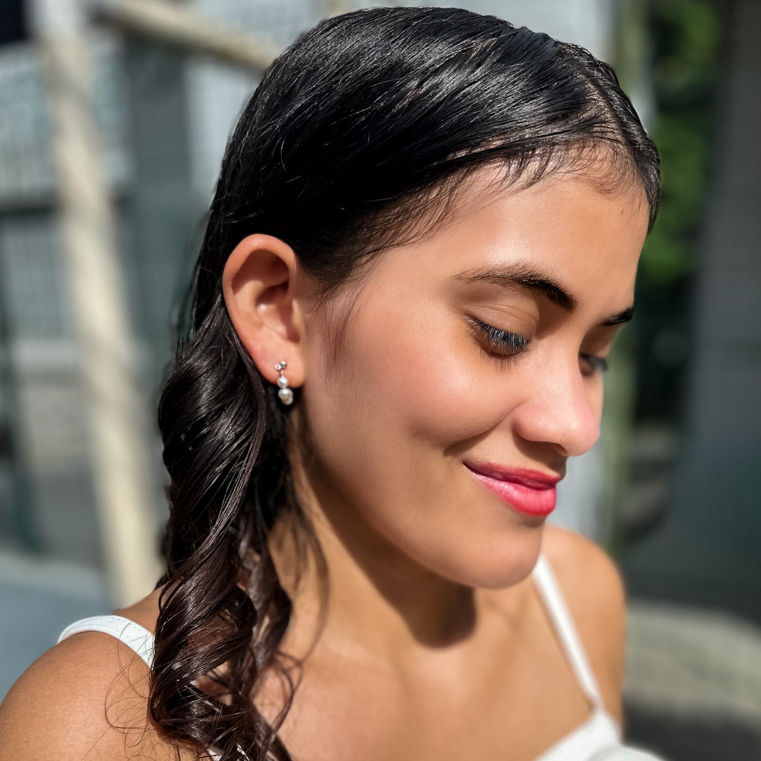 Gwyn pearl and silver huggie hoop earrings