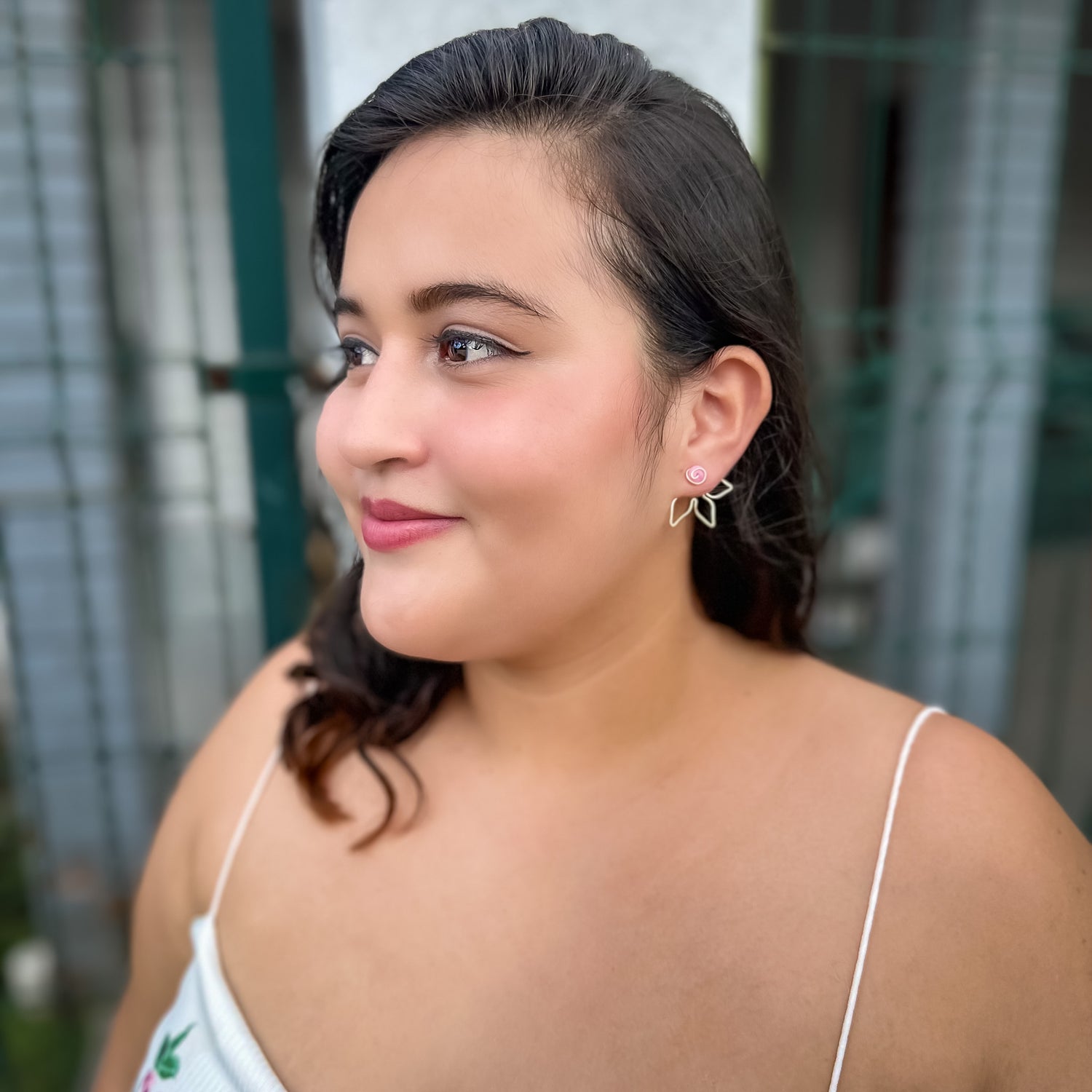 Hyacinth pink agate stud earrings and gold flower jacket