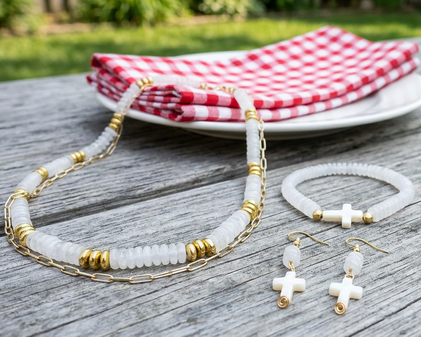 Jewelry set including necklace, bracelet, and earrings on a wooden table with a checkered cloth in the background.