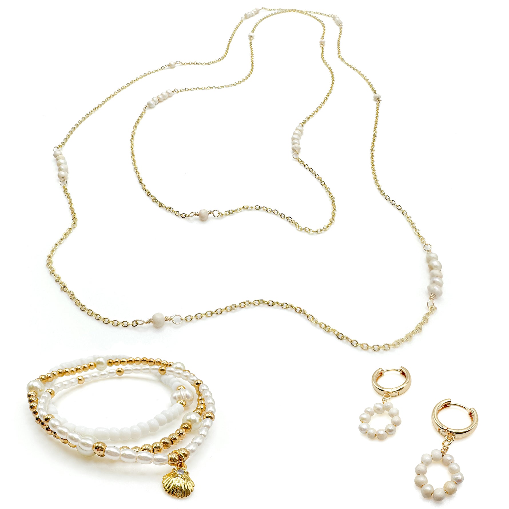 Gold pearl layered summer jewelry