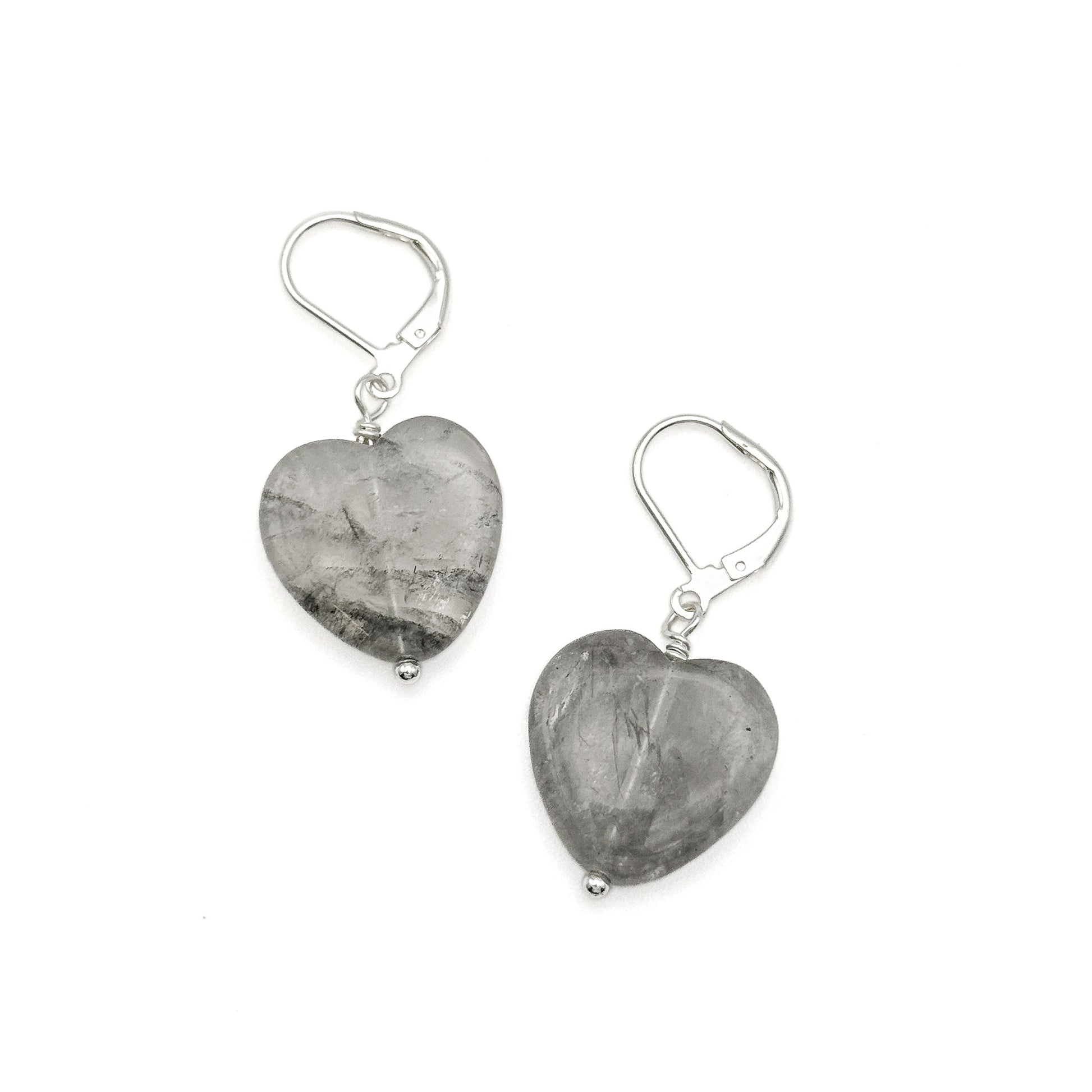 Gray agate heart silver earrings