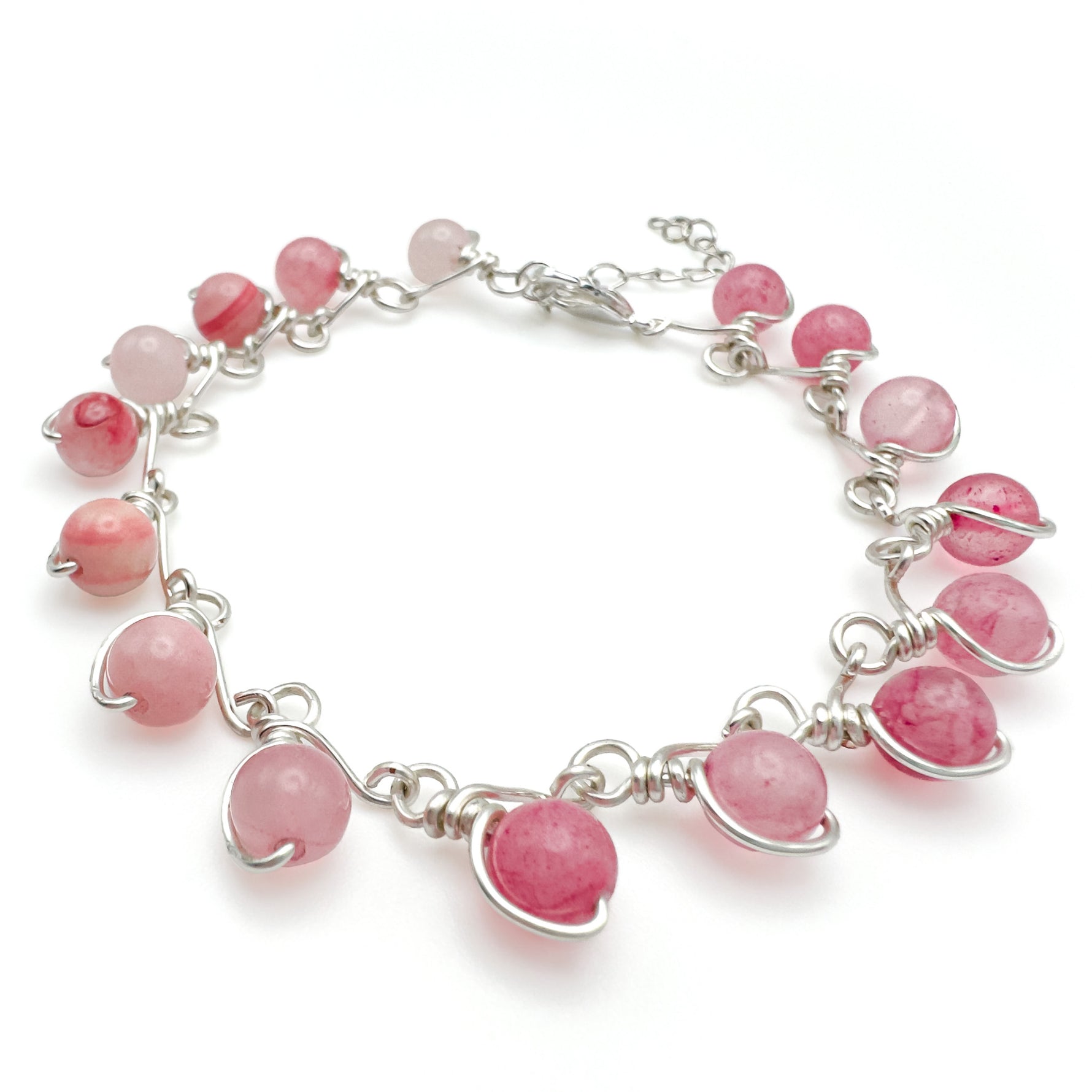 Pink agate beaded silver bracelet