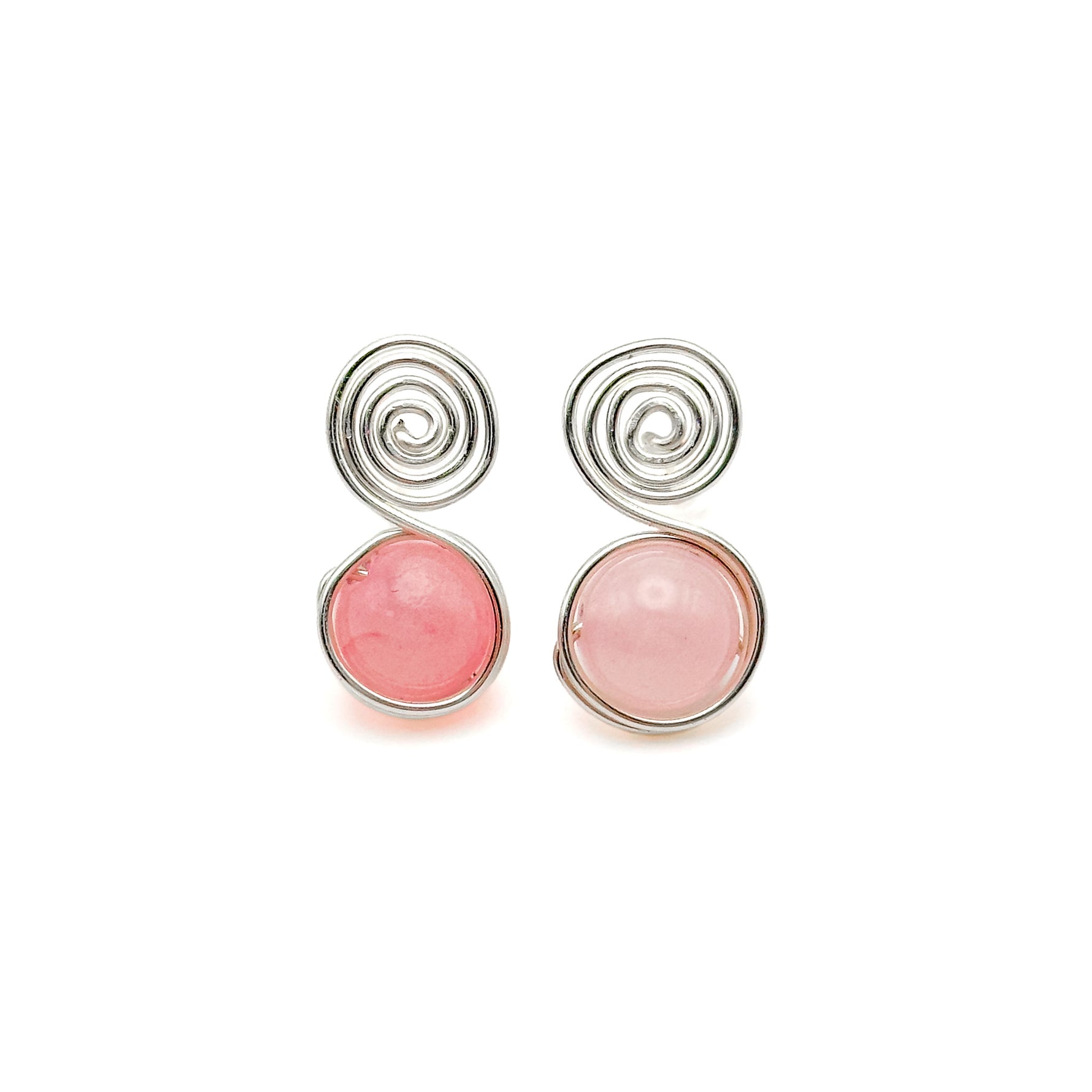 Silver swirl stud earrings with pink agate drop