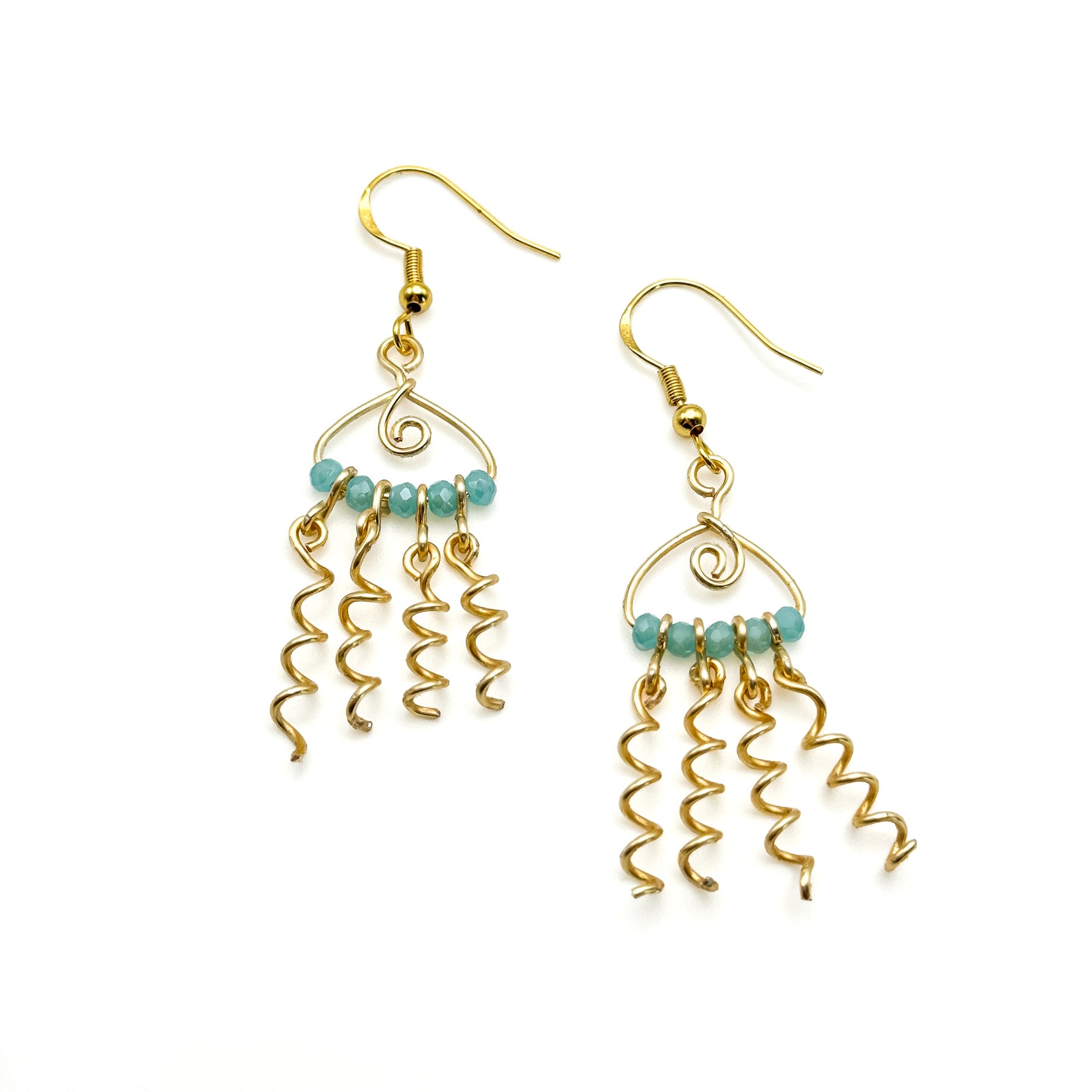Gold and blue-green crystal jellyfish dangle earrings
