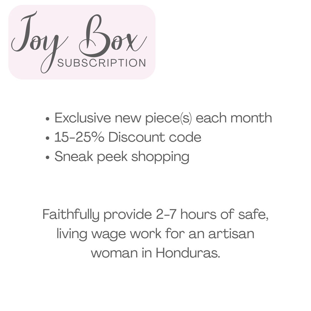 Alegria Joy Box subscription description of perks including exclusive new jewelry each month, discounts, early shopping, and providing wages to Honduran artisans