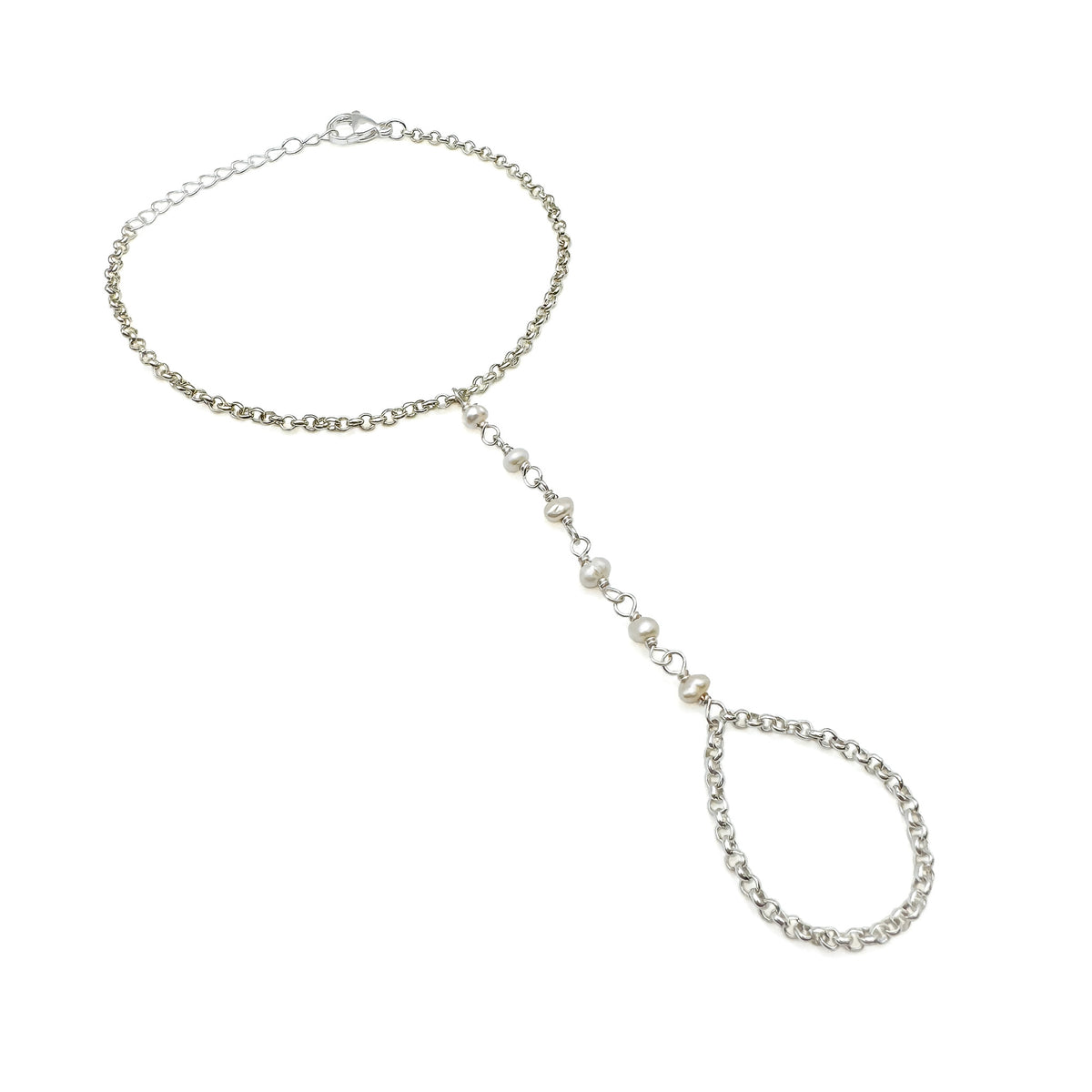 Silver hand chain bracelet with delicate pearl station strand and finger loop