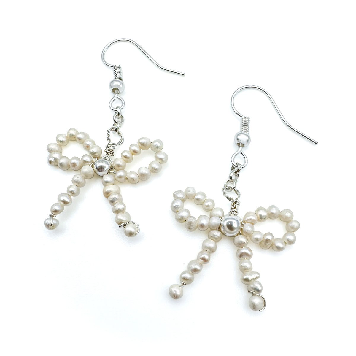 Silver and pearl beaded ribbon dangle earrings