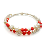 Memory wire beaded bangle wrap bracelet with freshwater pearl, gold, and coral agate beads