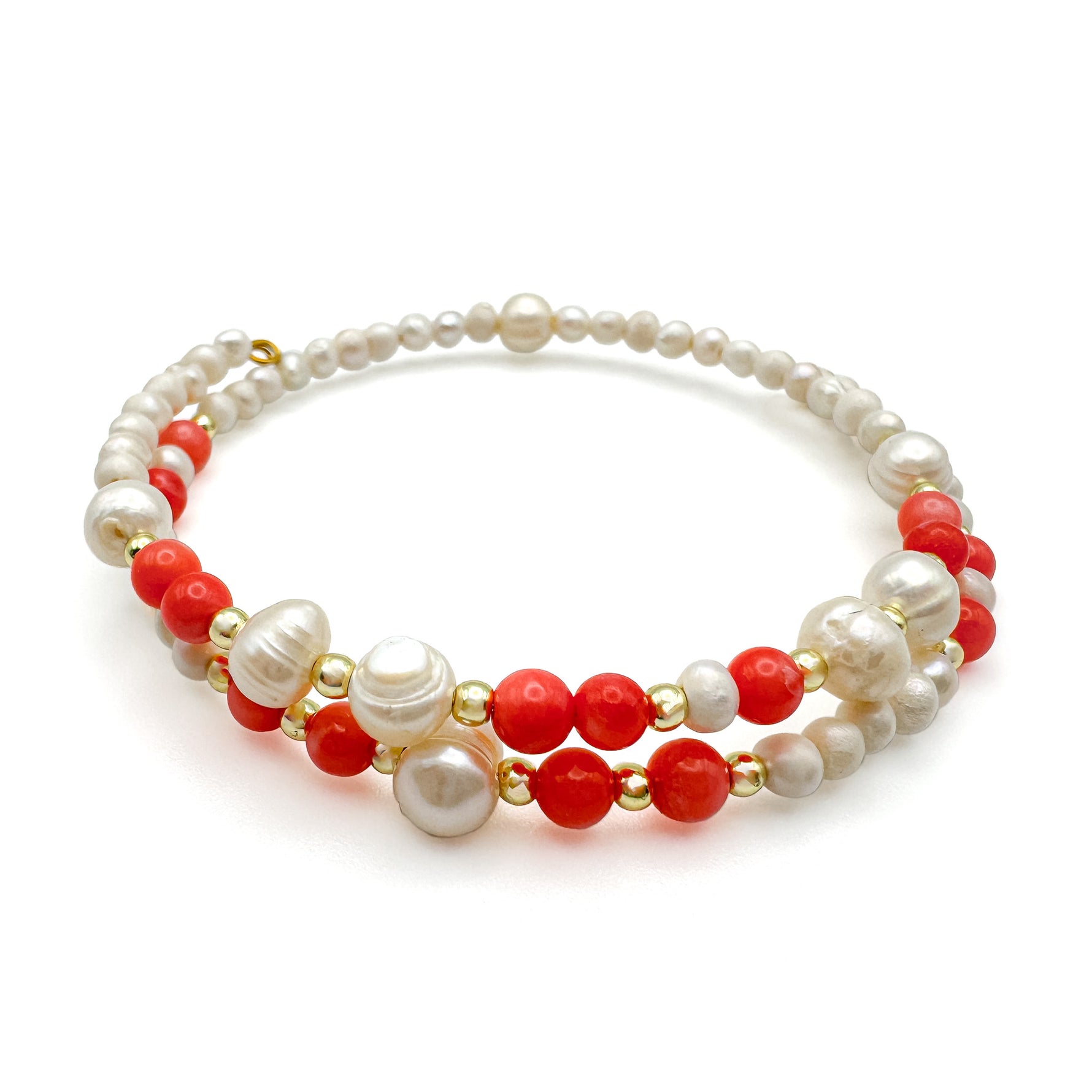 Memory wire beaded bangle wrap bracelet with freshwater pearl, gold, and coral agate beads
