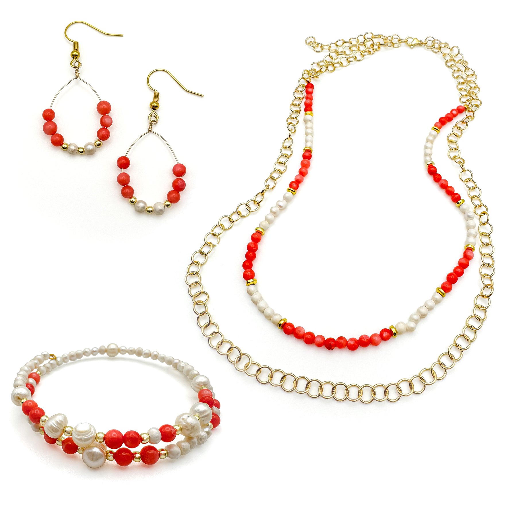 Coral agate, freshwater pearl, and gold jewelry set including memory wire beaded bangle bracelet, teardrop dangle earrings, and multistrand beaded and chain necklace