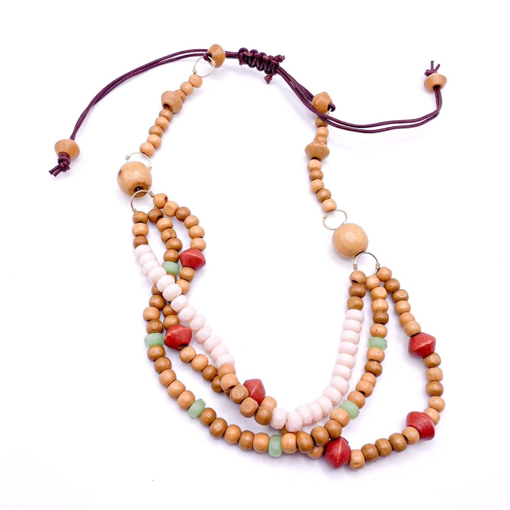 Multicolor wood gold leather necklace