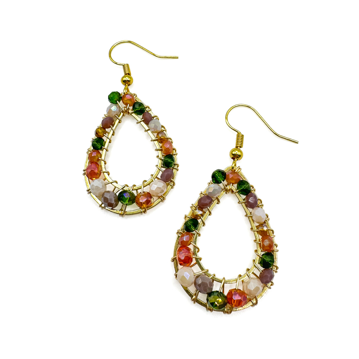 Gold teardrop dangle earrings with green, red, and purple multicolor crystal beads