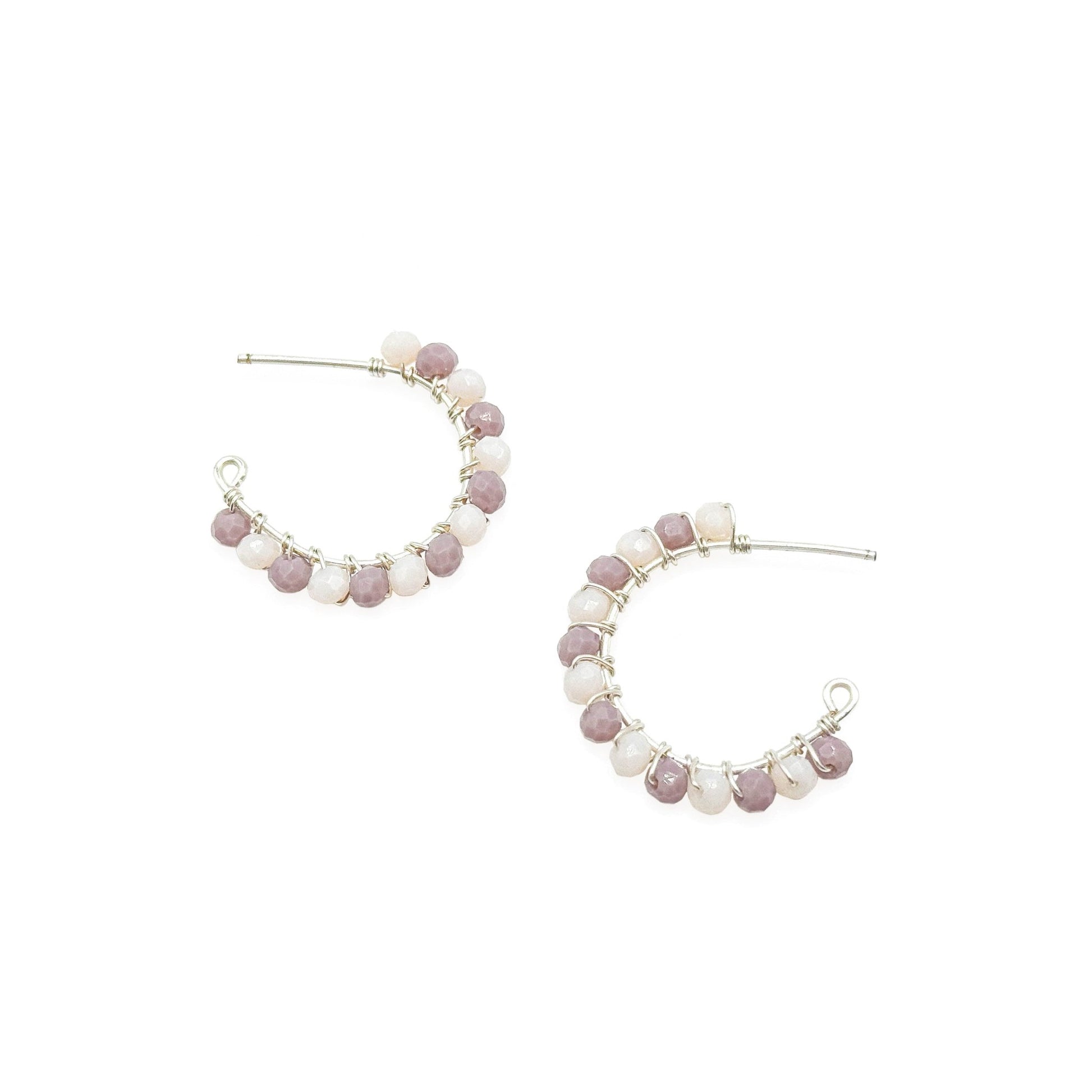 Purple white silver crescent earrings