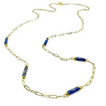 Gold paperclip chain necklace with blue cylindrical agate beads