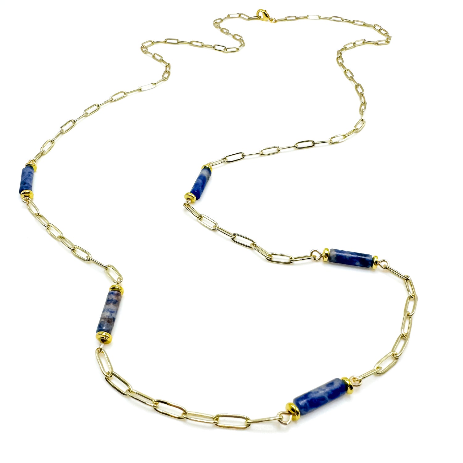 Gold paperclip chain necklace with blue cylindrical agate beads