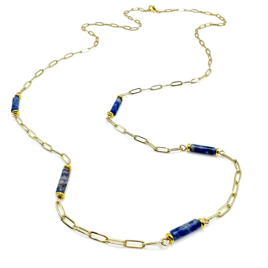 Gold paperclip chain necklace with blue cylindrical agate beads