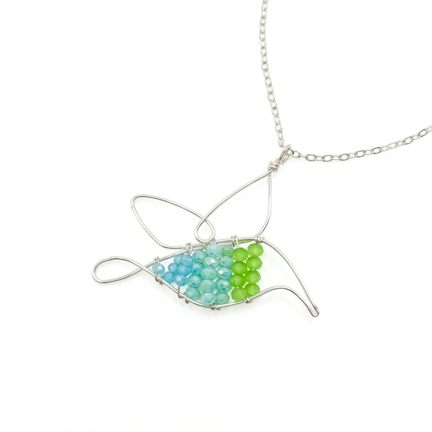 Green blue hummingbird silver necklace