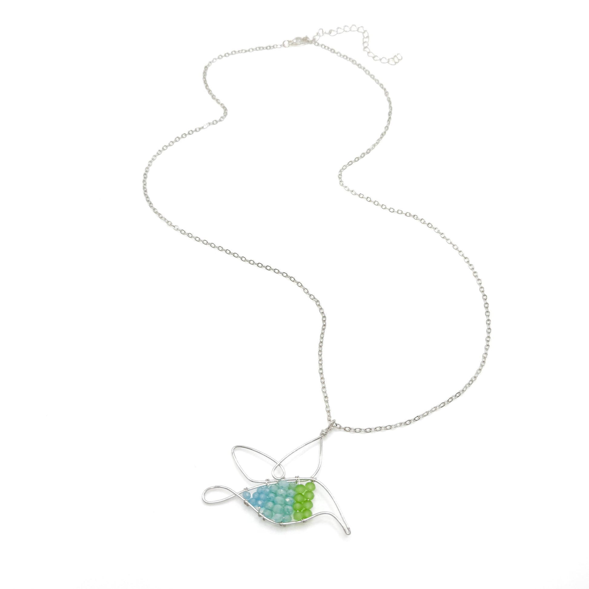 Green blue hummingbird silver necklace