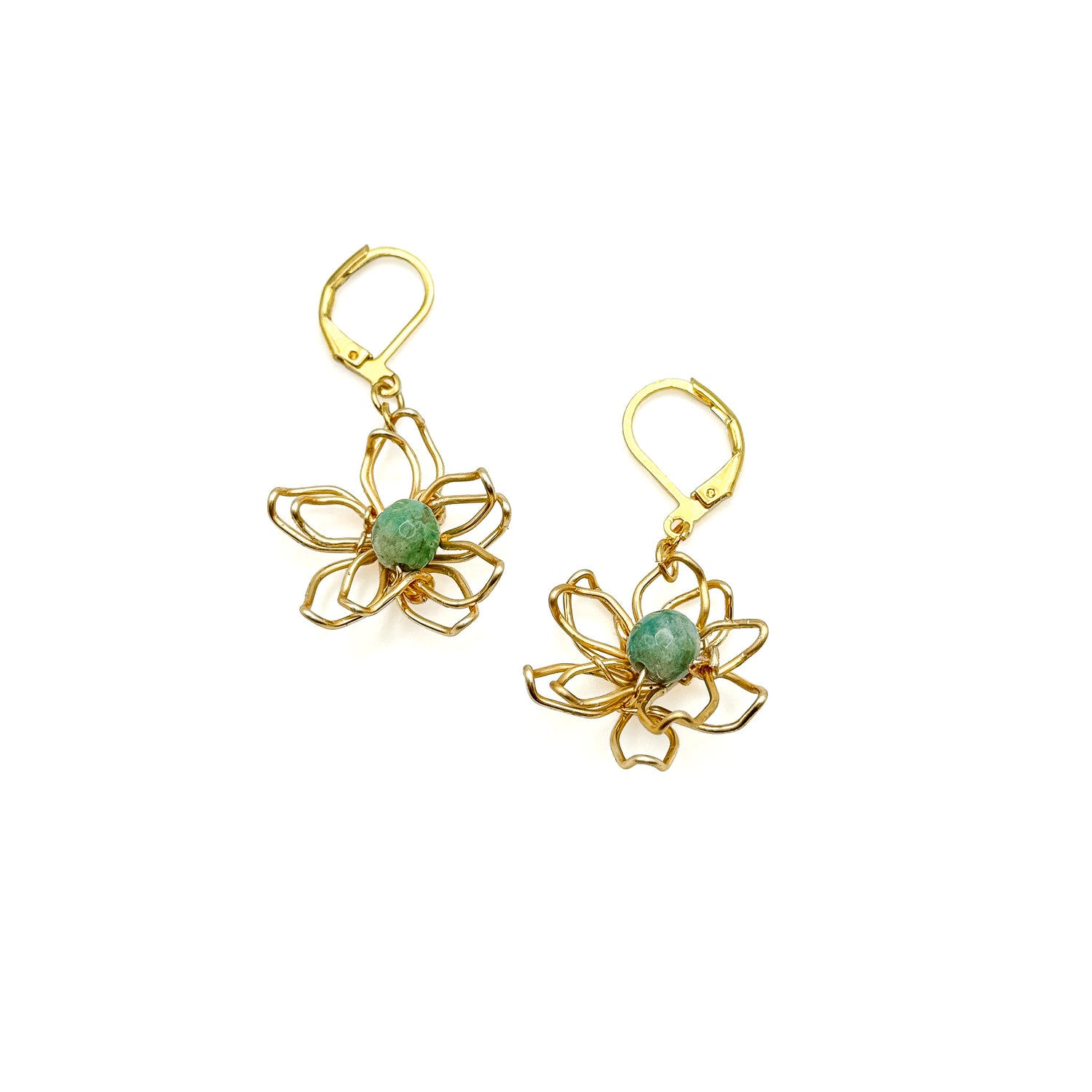 Gold flower dangle earrings with green agate center and intricate wirework petals