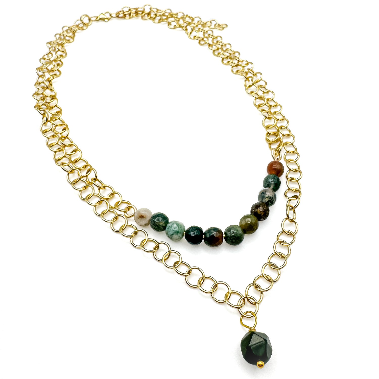 Short gold circular chain multi-strand necklace with green and brown agate pendant