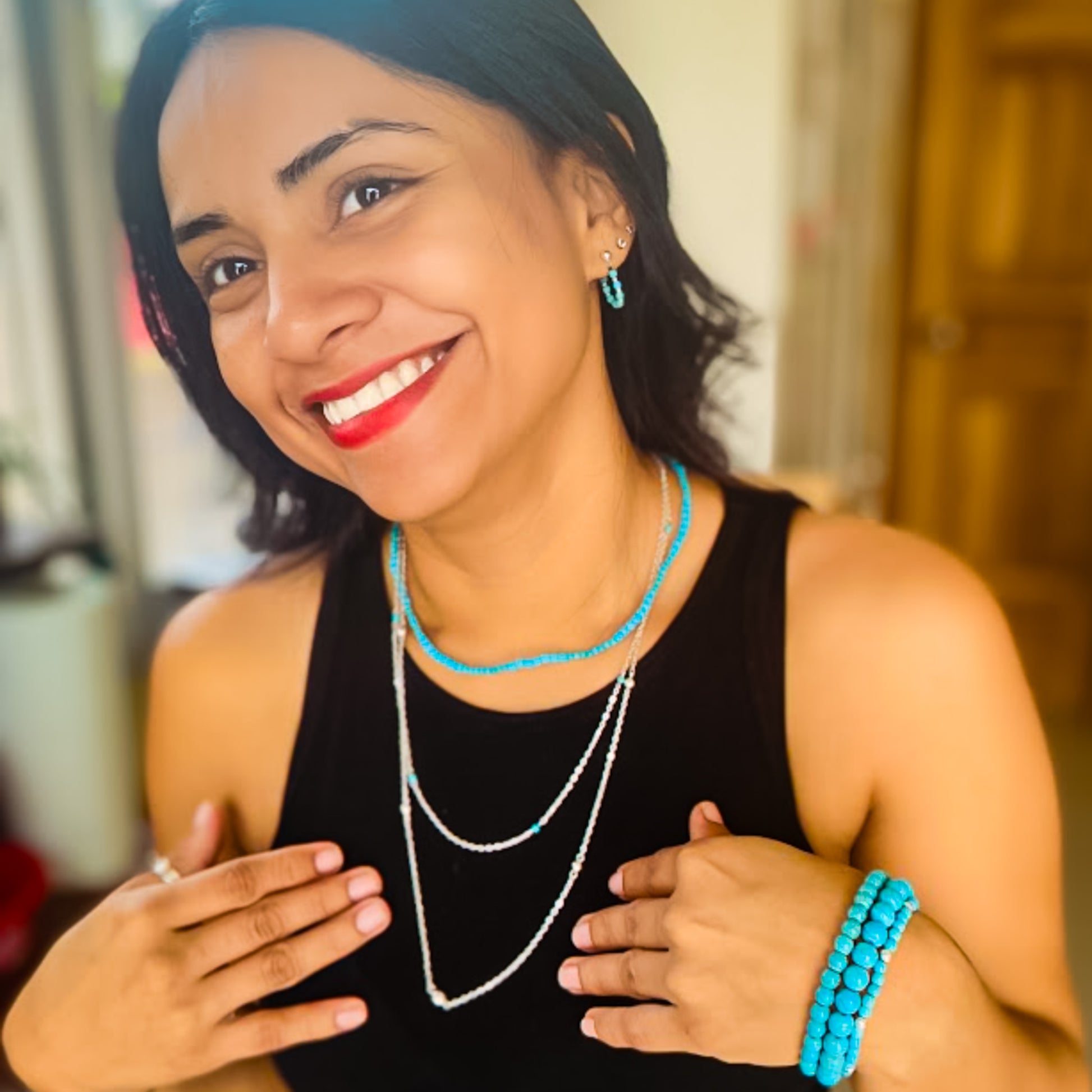 Turquoise silver jewelry set modeled