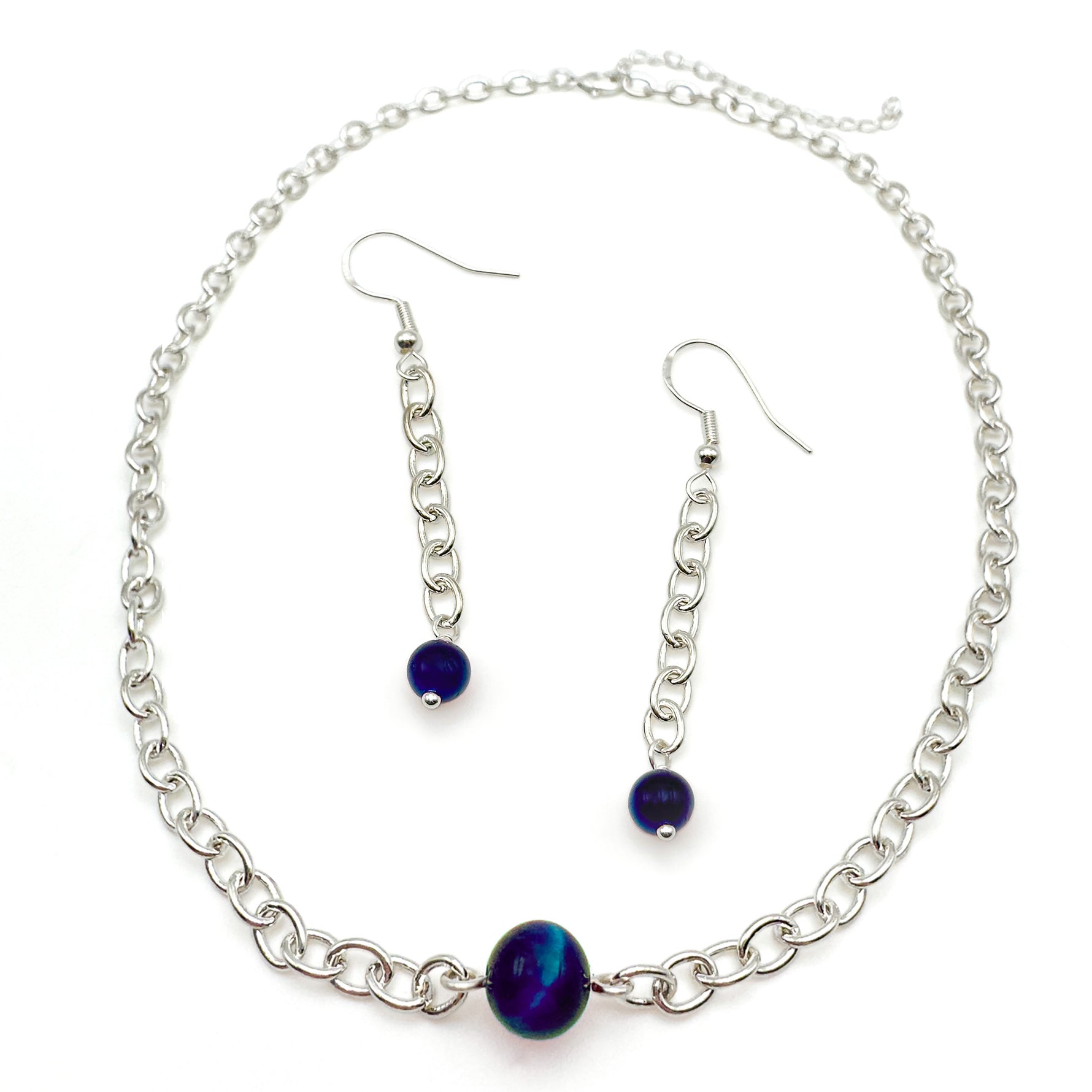 Long silver chain dangle earrings ending in blue agate and chain choker necklace with blue agate bead