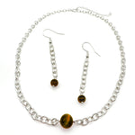 Long silver chain dangle earrings ending in brown agate and chain choker necklace with brown agate bead