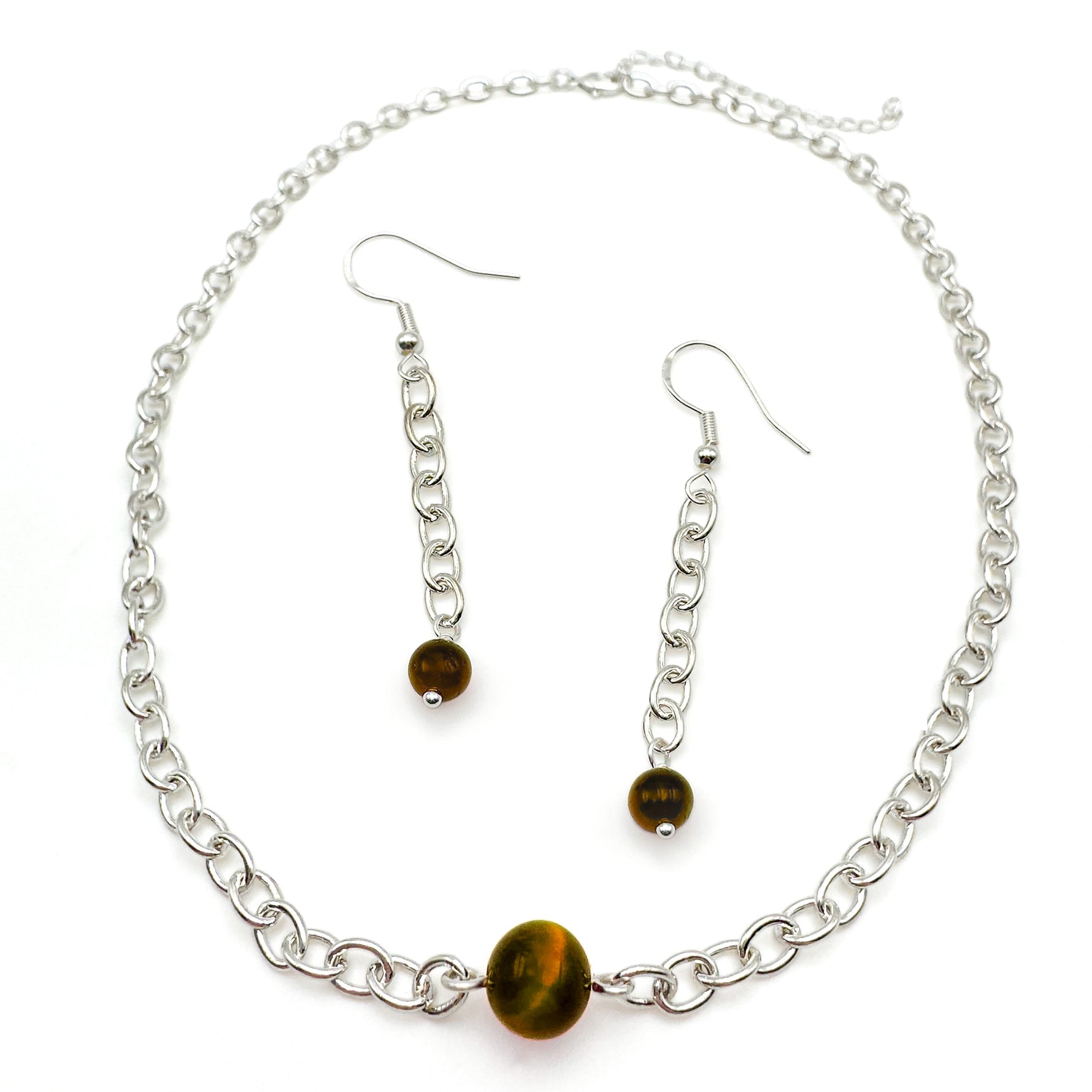 Long silver chain dangle earrings ending in brown agate and chain choker necklace with brown agate bead