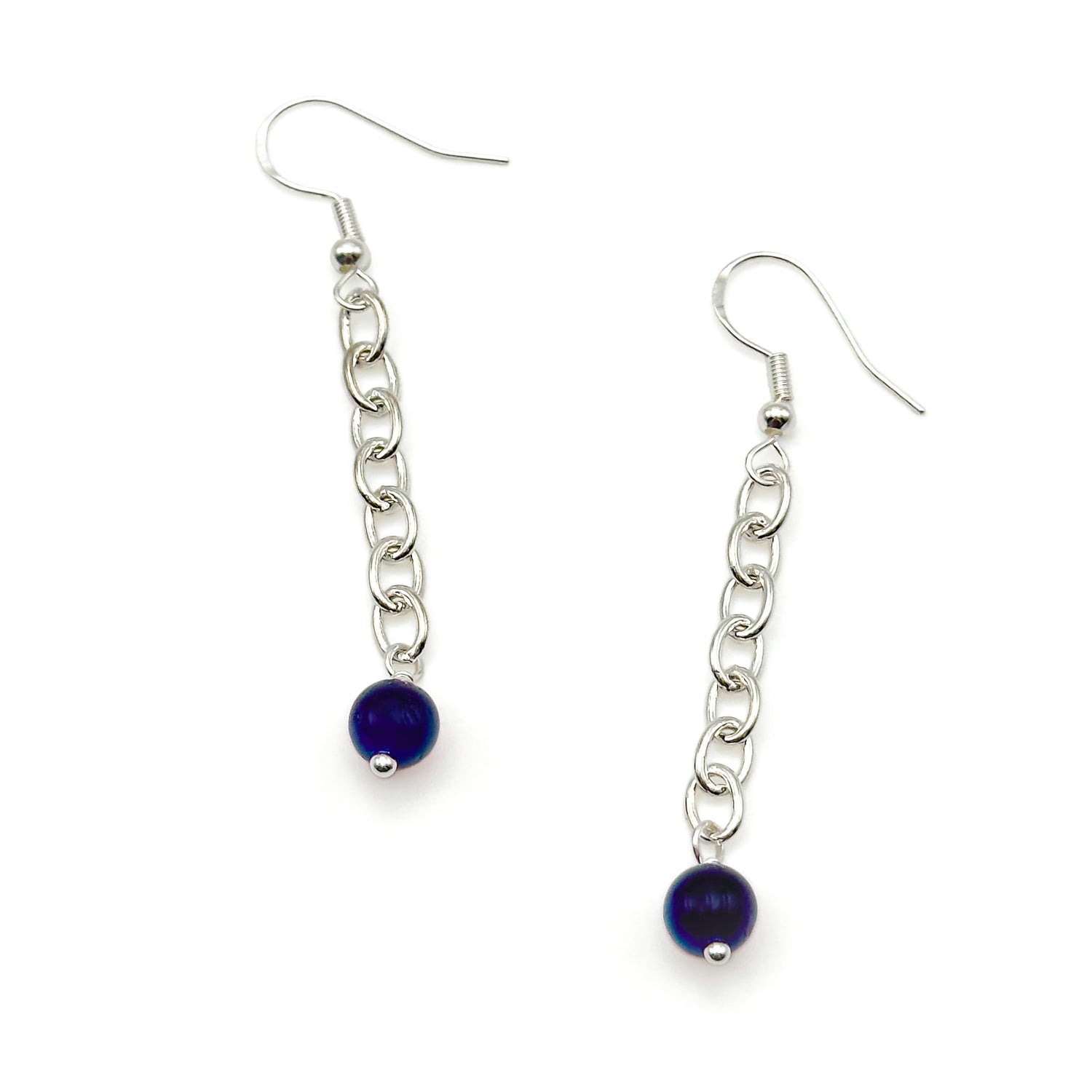 Long silver dangle earrings with silver chain ending in blue agate bead