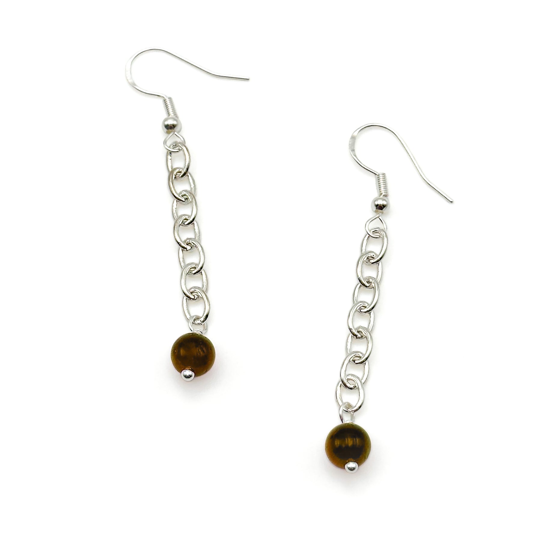 Long silver dangle earrings with silver chain ending in brown agate bead