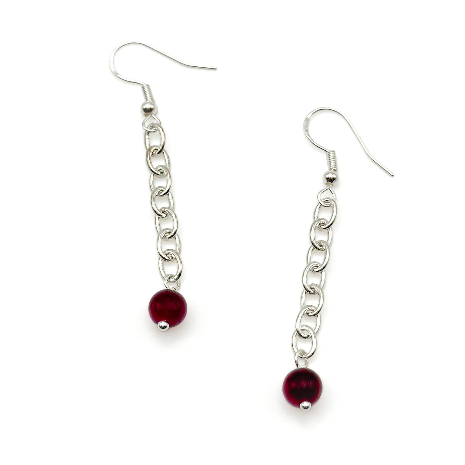Long silver dangle earrings with silver chain ending in pink agate bead