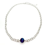 Silver chain choker necklace with single blue agate bead centerpiece