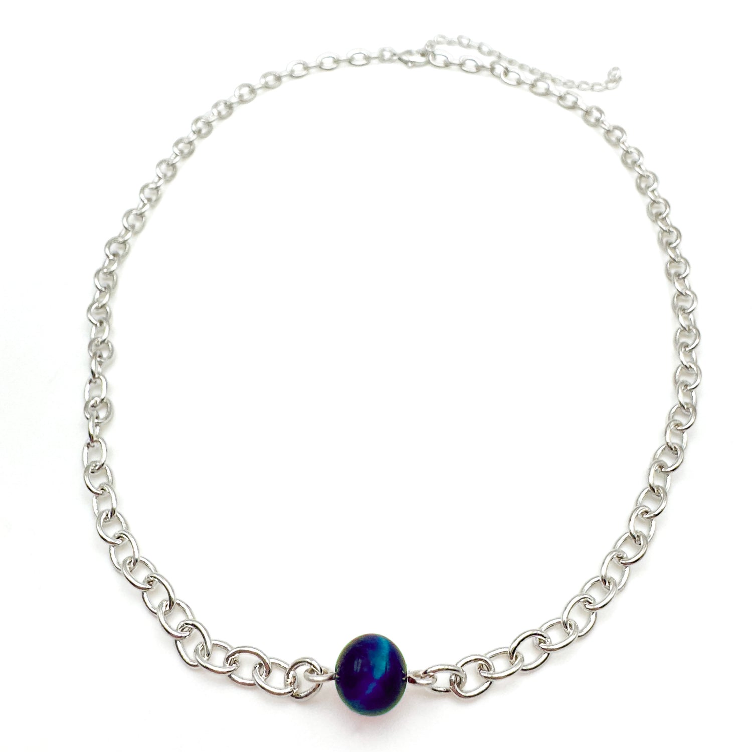Silver chain choker necklace with single blue agate bead centerpiece