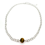 Silver chain choker necklace with single brown agate bead centerpiece