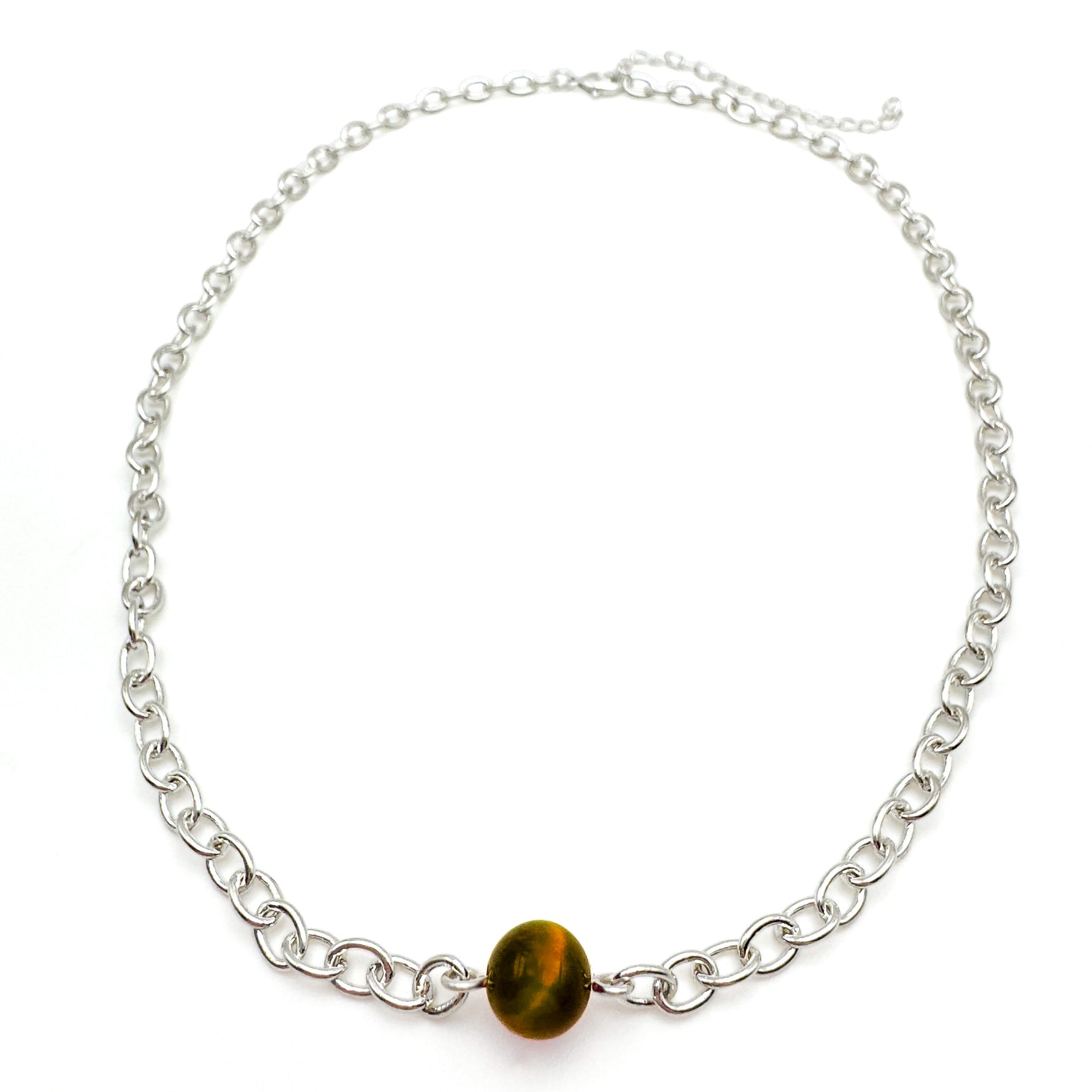 Silver chain choker necklace with single brown agate bead centerpiece