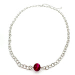 Silver chain choker necklace with single pink agate bead centerpiece