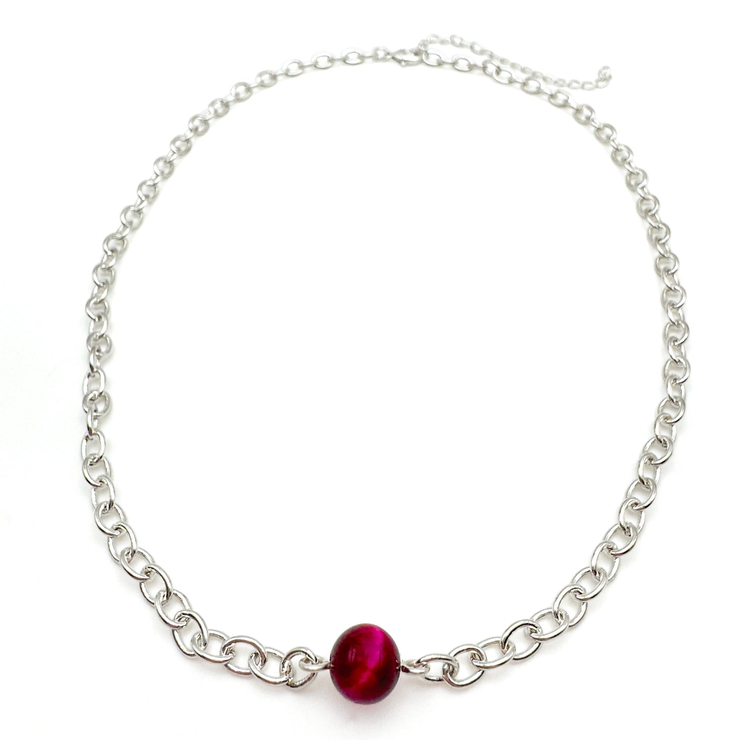 Silver chain choker necklace with single pink agate bead centerpiece