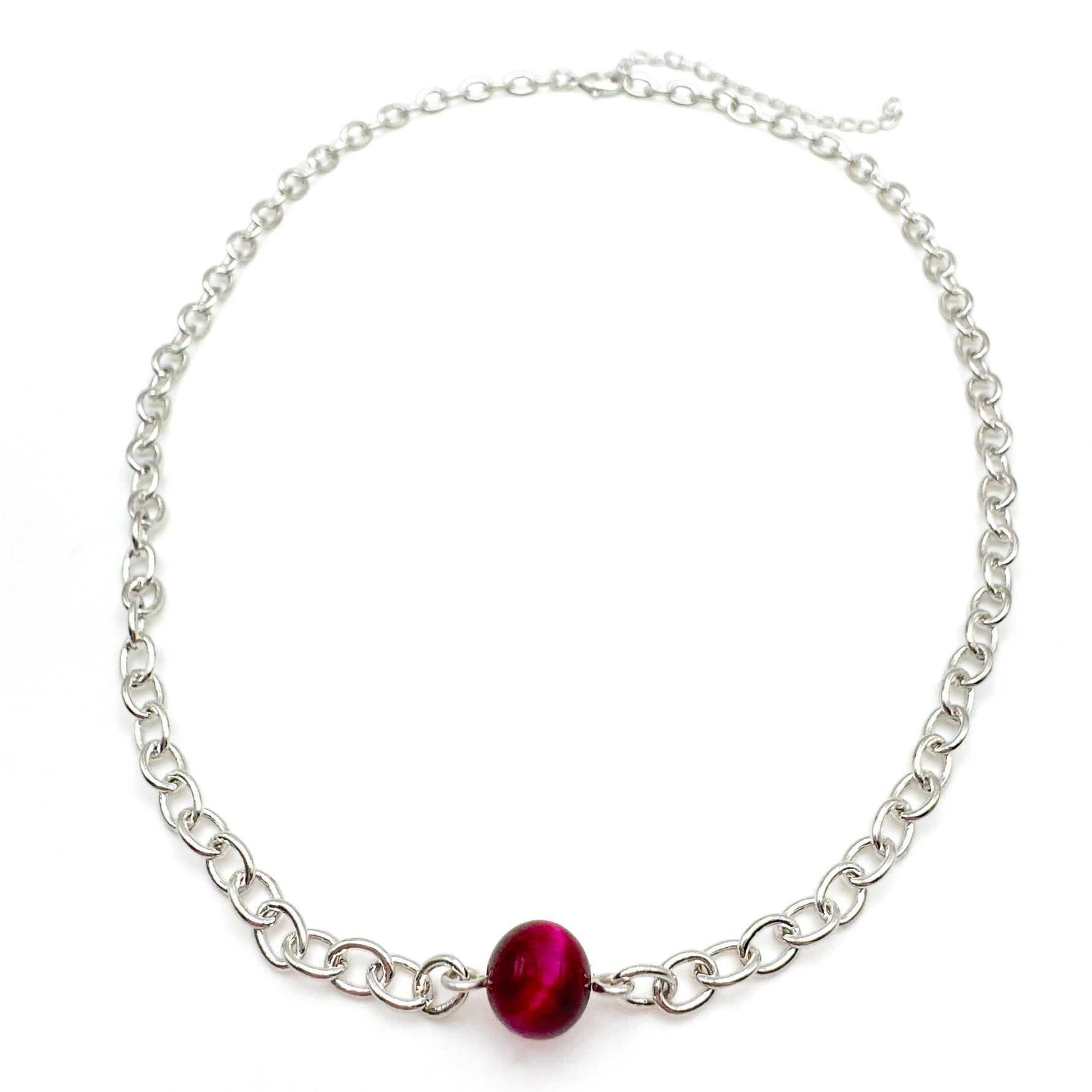 Silver chain choker necklace with single pink agate bead centerpiece