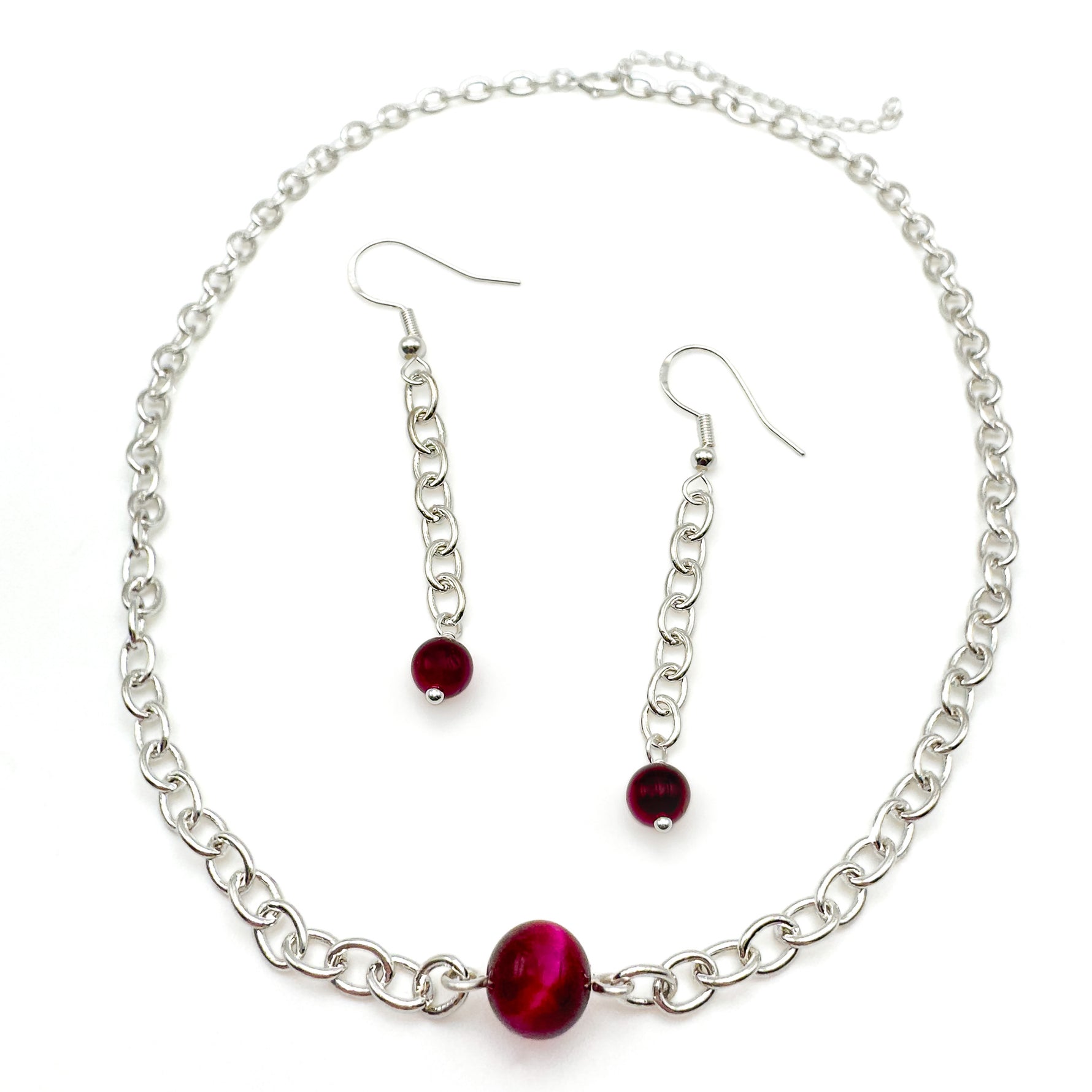 Long silver chain dangle earrings ending in pink agate and chain choker necklace with pink agate bead