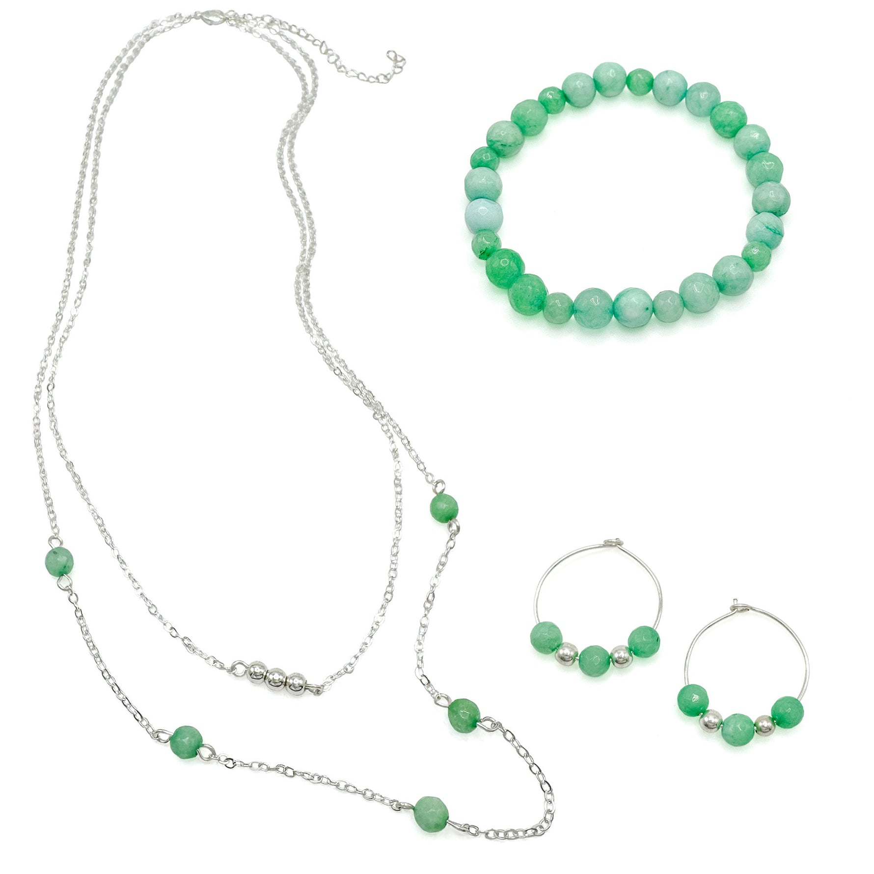 Green agate silver jewelry set