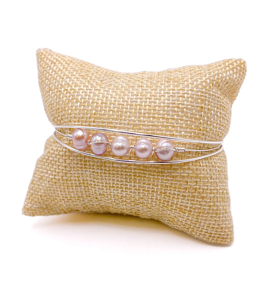 Pink pearl silver bangle bracelet