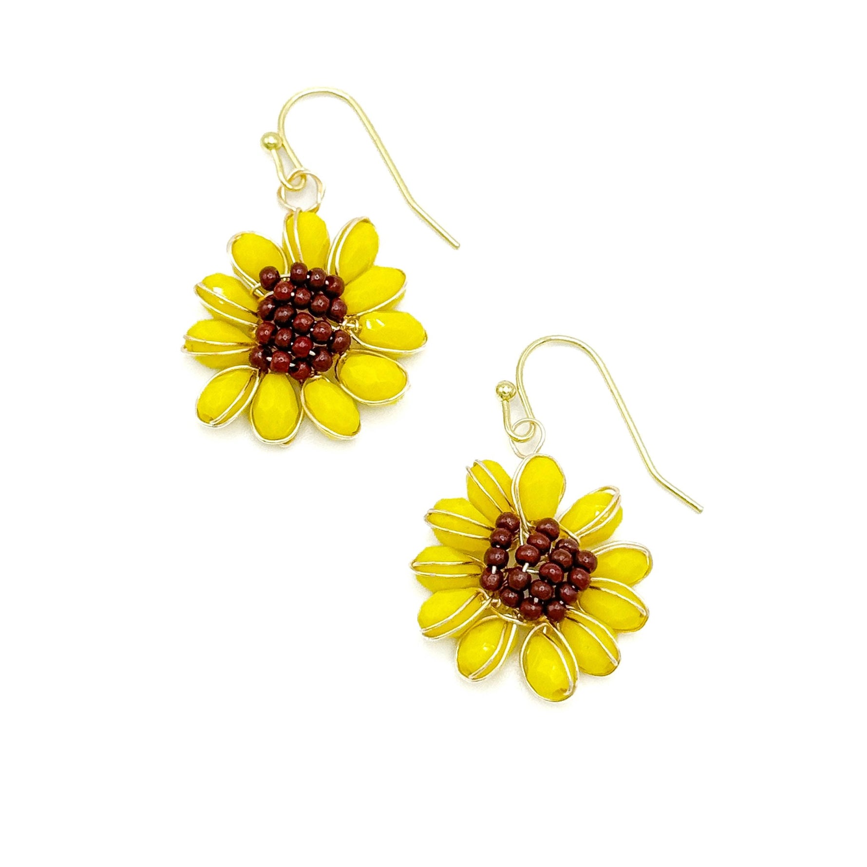 Yellow brown sunflower gold earrings
