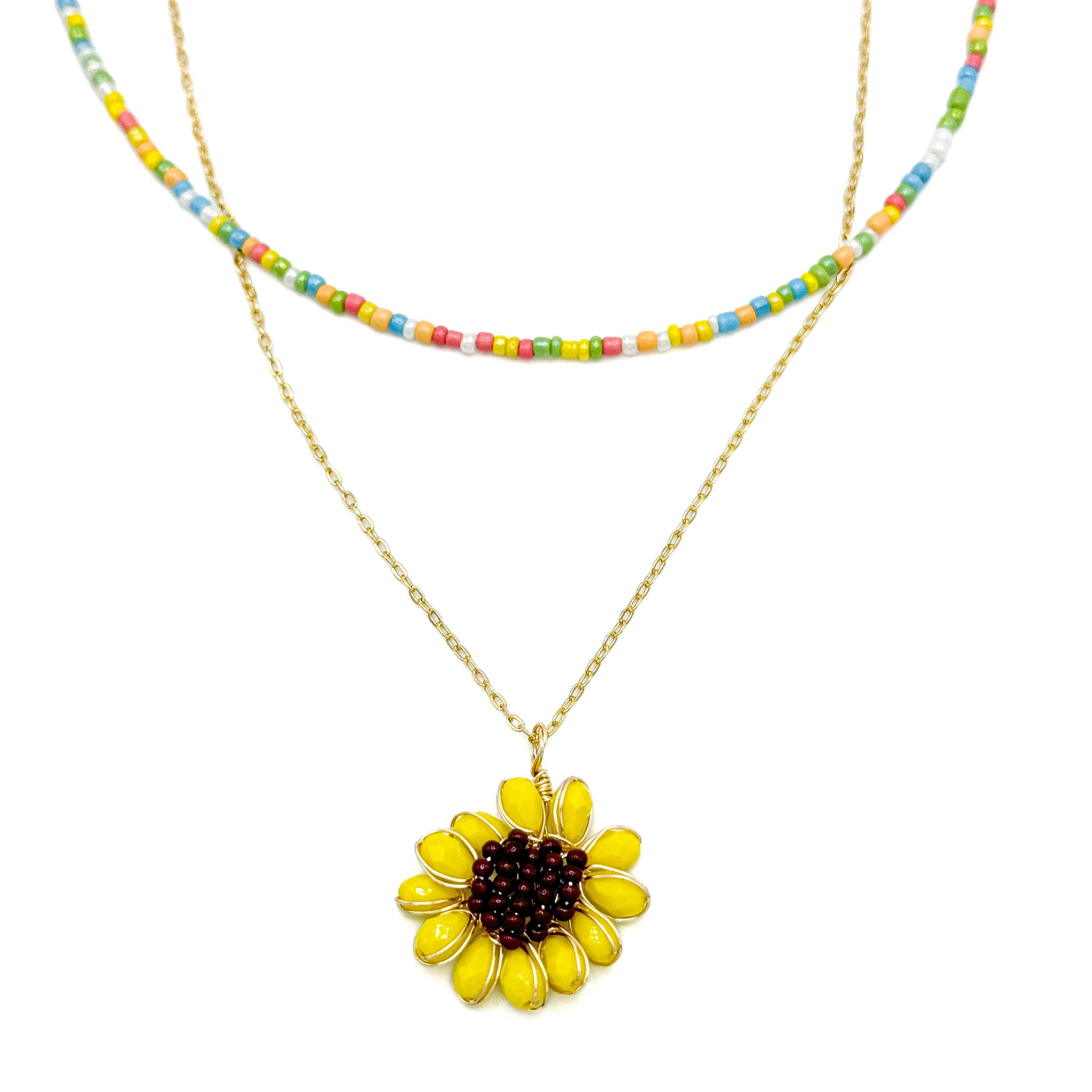 Necklace with a yellow flower pendant and colorful beaded chain on a white background