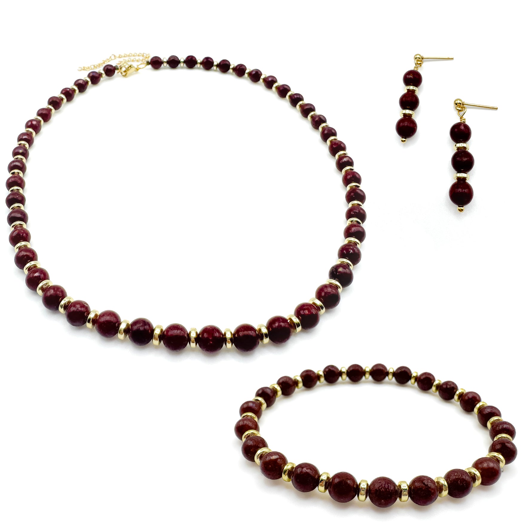 Dark brown agate and gold beaded jewelry set with drop earrings, stretch bracelet, and short statement necklace