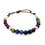 Brown adjustable cord bracelet with multicolor agate and silver beads