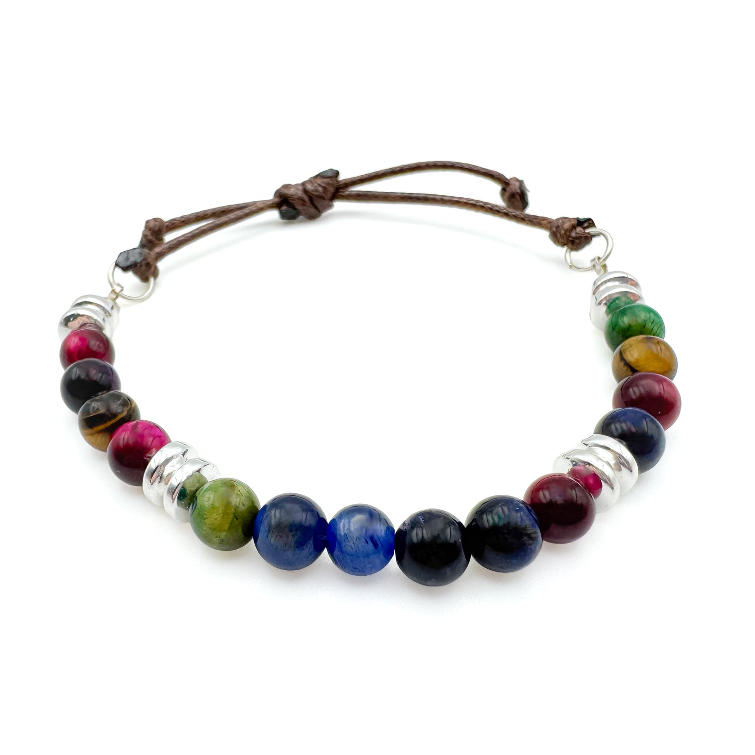 Brown adjustable cord bracelet with multicolor agate and silver beads