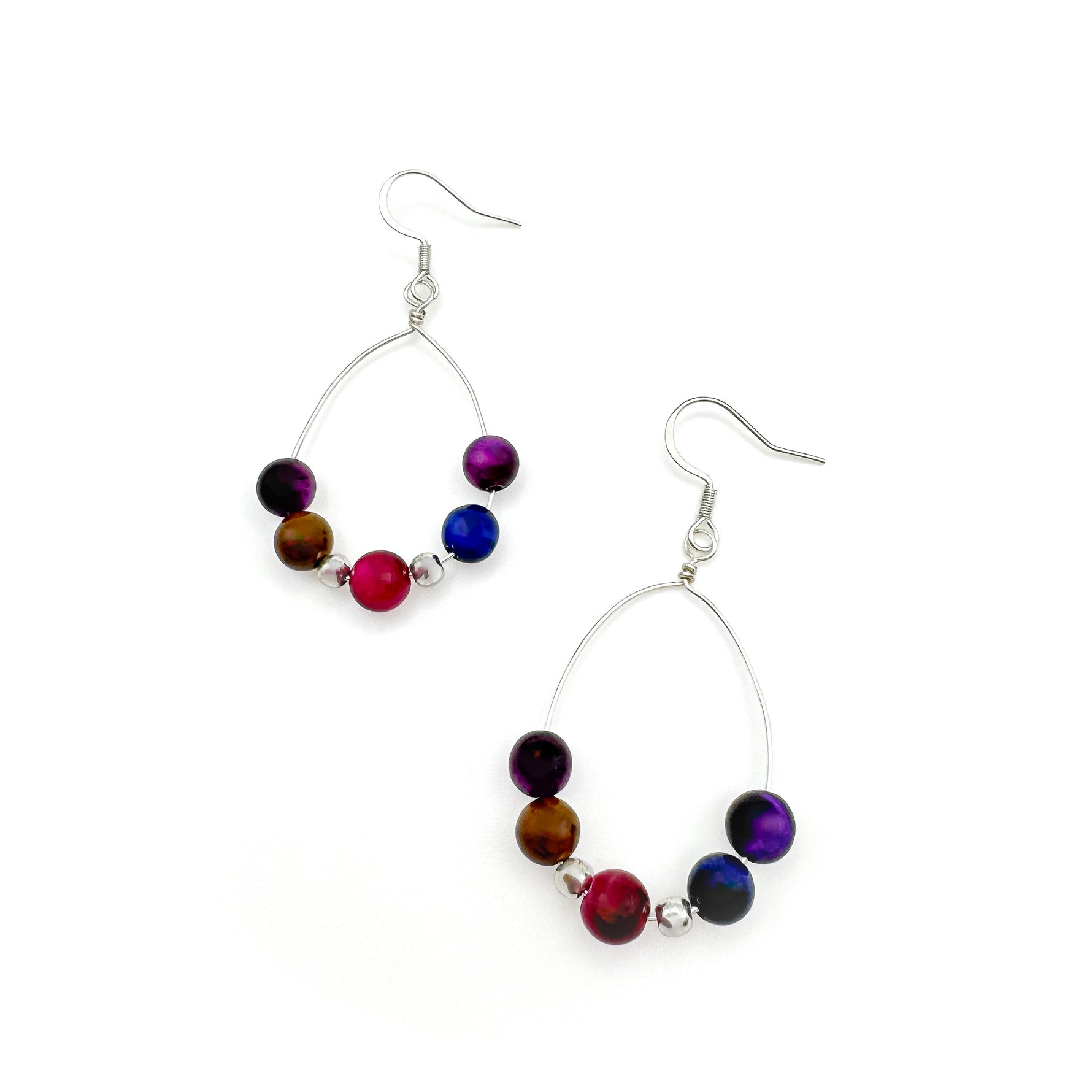 Silver teardrop dangle earrings with multi-color agate beads