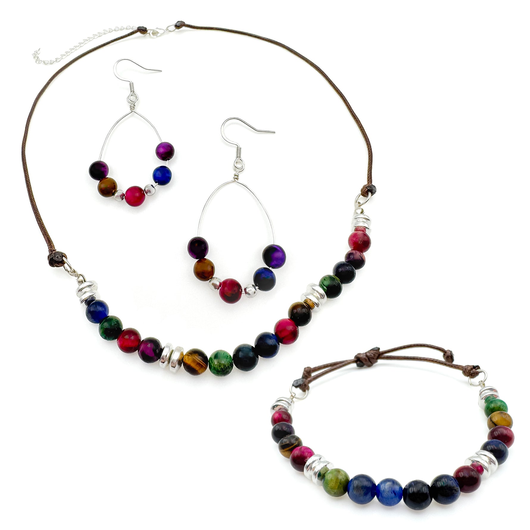 Silver and multi-color agate jewelry set with teardrop dangle earrings, brown adjustable cord beaded bracelet, and brown cord beaded necklace