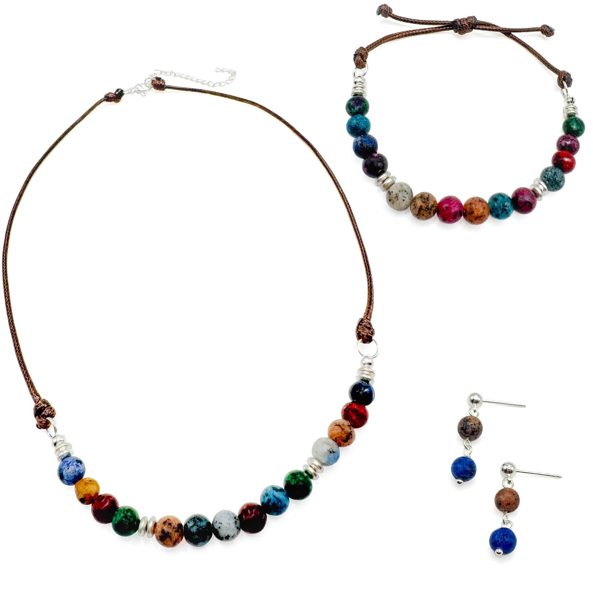 Multicolor agate brown cord silver jewelry set