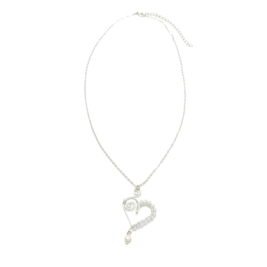 Silver white pearl heart necklace